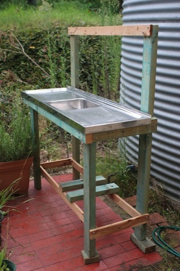 A home-made chicken processing station
